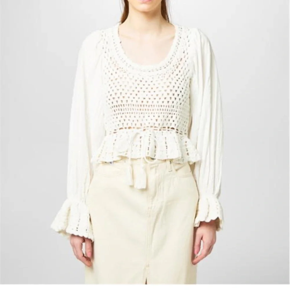 NWT Free People $128 Megan Crochet Knit Open Back Key Hole Blouse Ivory Small